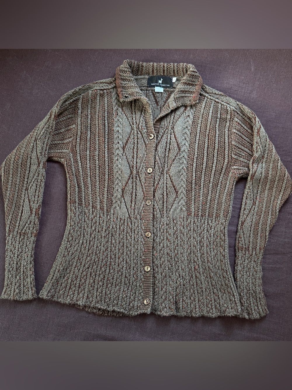 Vintage Peruvian Connection Cableknit Baby Alpaca Wool Silk Knit Cardigan L - Picture 5 of 12